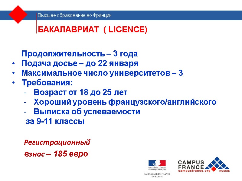 БАКАЛАВРИАТ  ( LICENCE) ПРОДОЛЖЕНИЕ Продолжительность – 3 года Подача досье – до 22